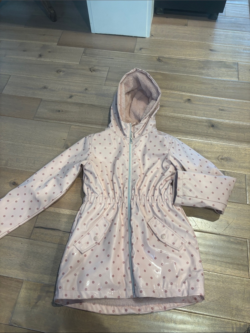 Girls' Light Pink Polka Dot Hooded Raincoat